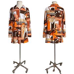 70s vintage micro mini shift dress tunic top psychedelic geometric long sleeve.